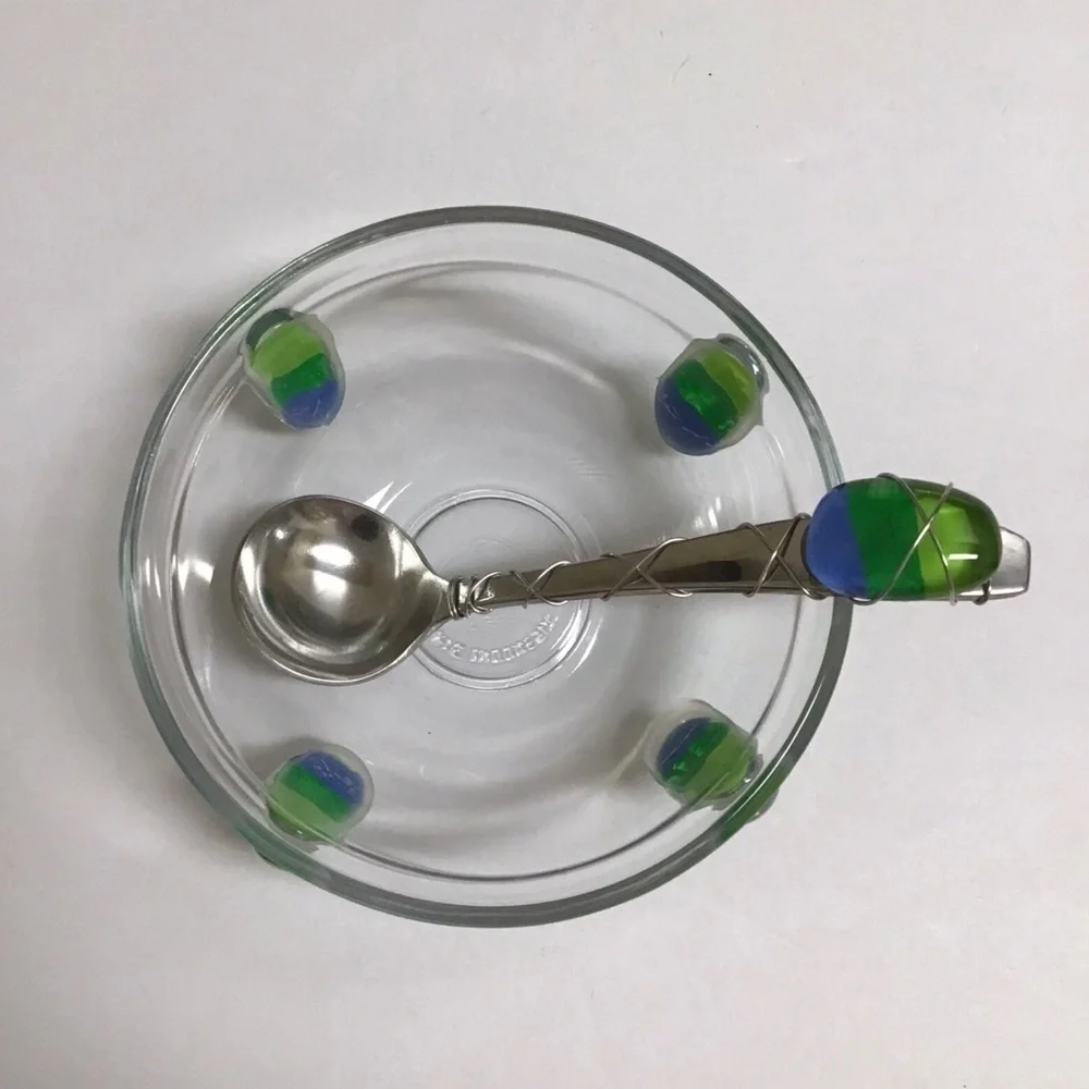 Art Glass Condiment Dish Blue Green Pebble Wire Wrapped Spoon Sea KIG Indonesia